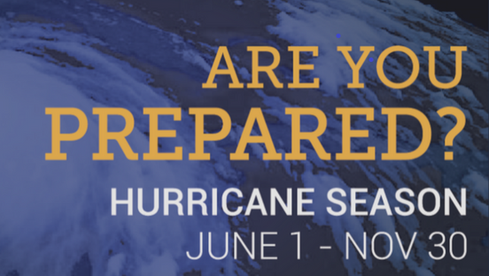 Preparing for hurricane season starting June 1 to November 30 graphic with hurricane in background