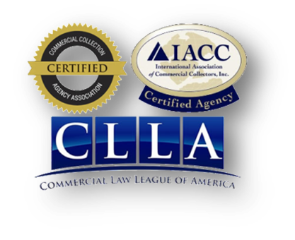 The Commercial Collection Agency Association, International Association of Commercial Collectors, and Commercial Law League of America seals/logos.