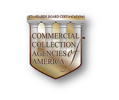 Commercial Collection Agencies of America logo. Pictured in the logo are white cement pillars and the words "Standards Board Certification".