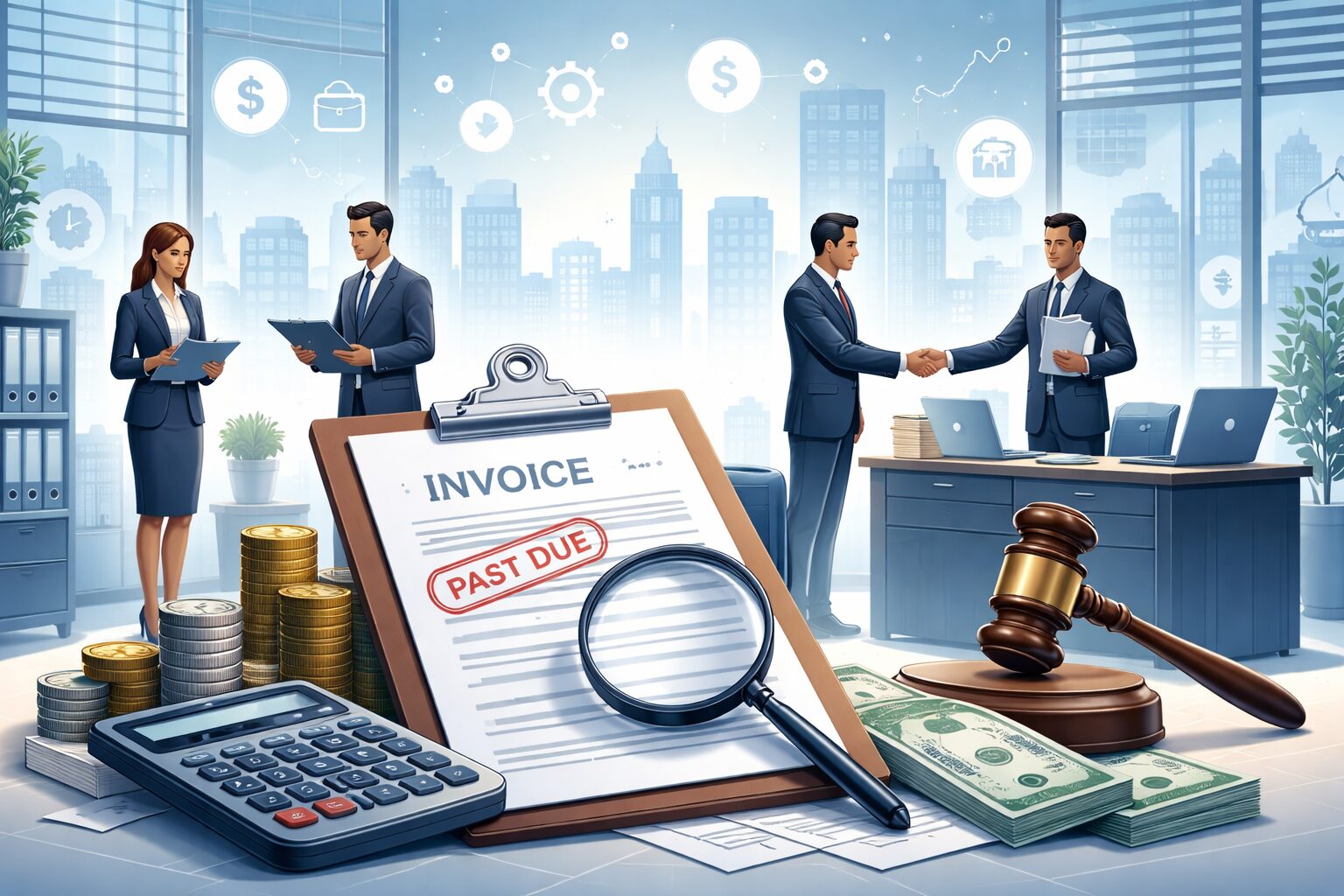 Illustration of business professionals reviewing unpaid invoices, financial documents, and agreements representing the commercial debt collection process