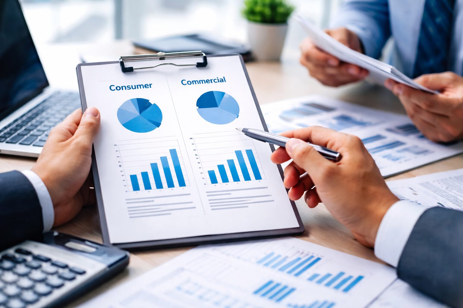 Two business professionals reviewing financial documents in an office representing commercial debt collection services