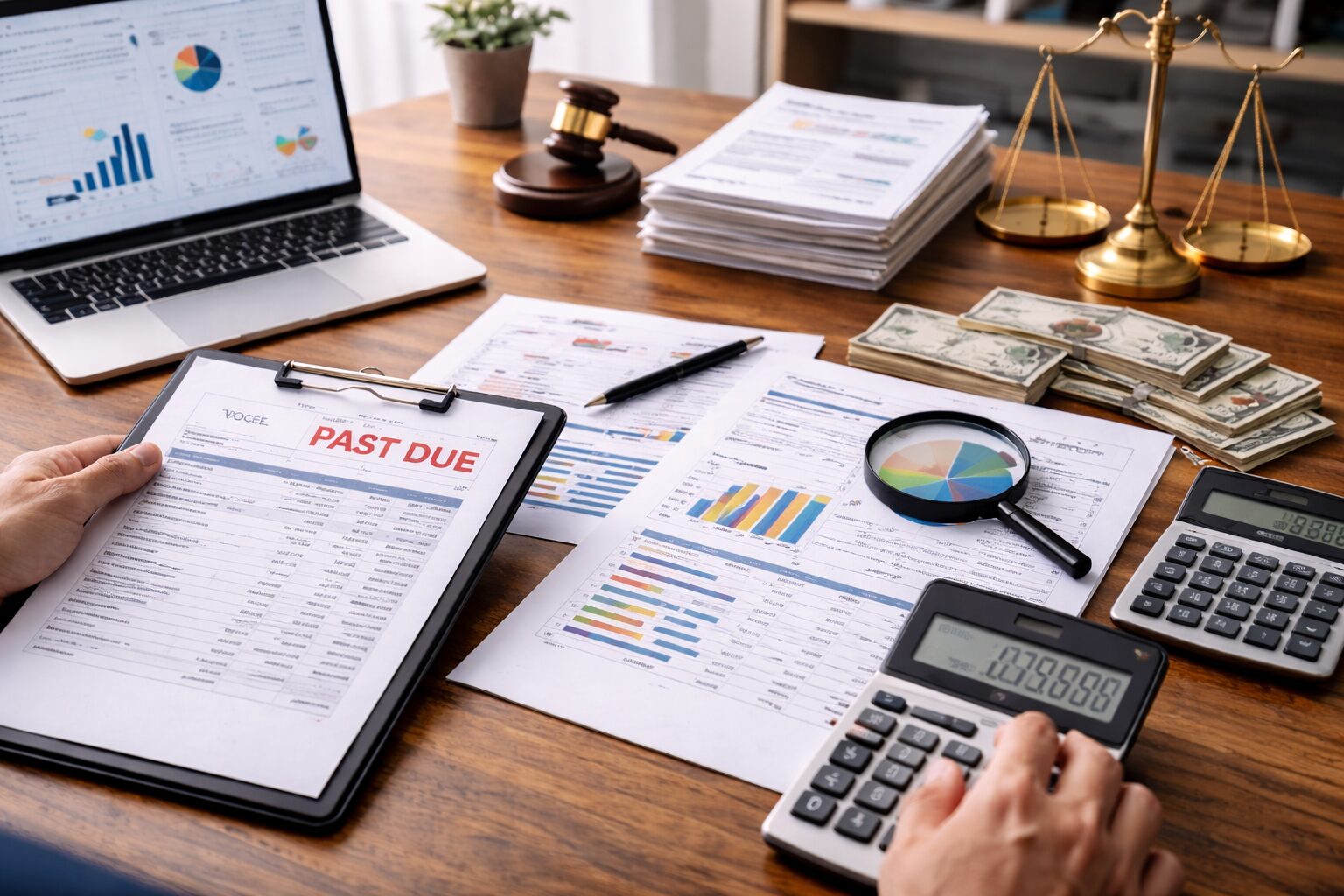 Small business owner reviewing financial reports, invoices, and cash flow data at a desk with calculator and laptop