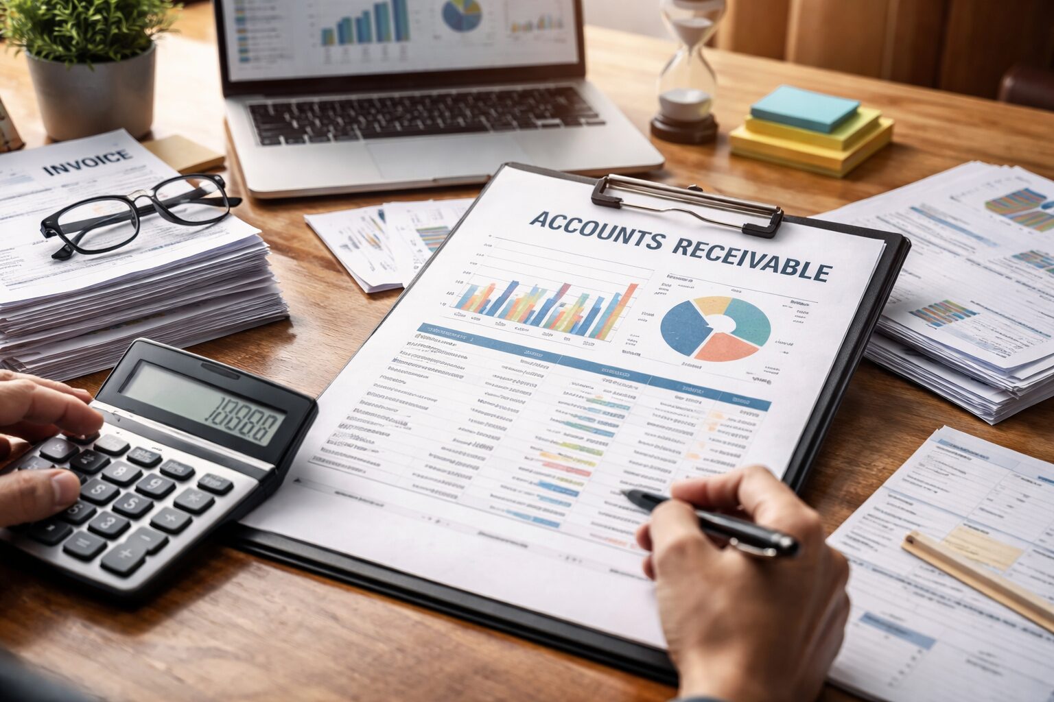 Accounts receivable management workspace with financial reports, invoices, calculator, and laptop used to track cash flow and outstanding payments