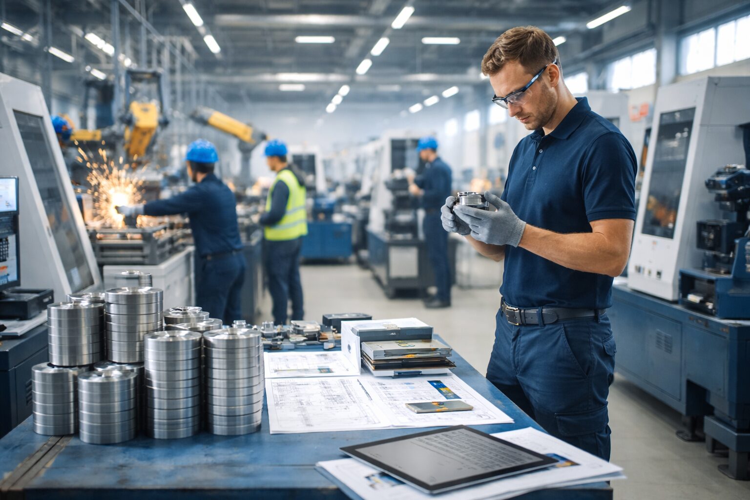 Factory worker inspecting a machined metal component on a busy manufacturing floor with CNC machines and production activity in the background